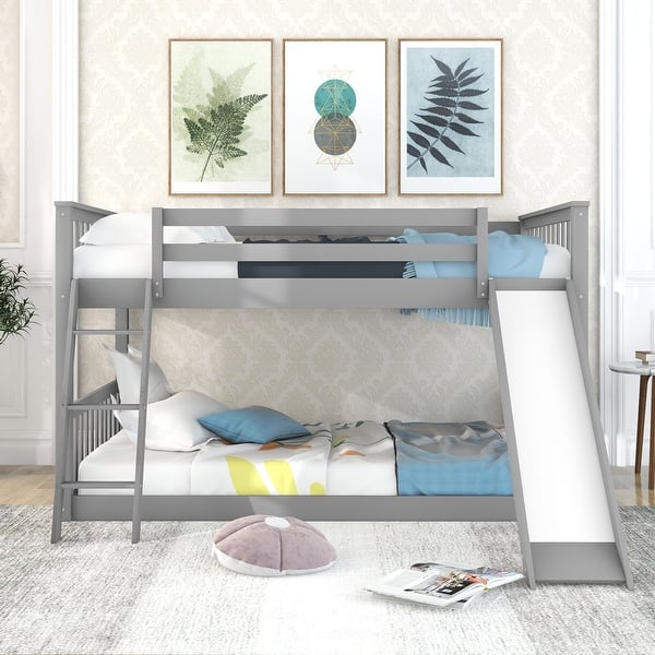 slide 2 of 22, Full Over Full Wood Low Bunk Bed with Convertible Slide and Ladder Grey - Full