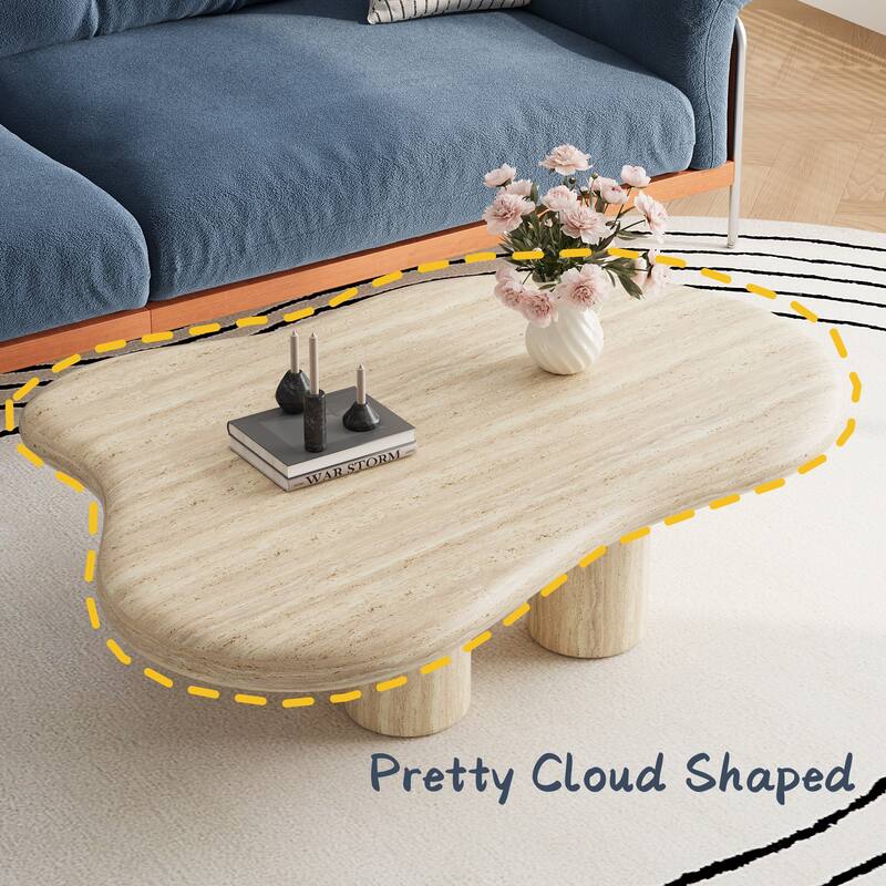 47" Modern Cloud Shaped Coffee Table, Premium Wood with travertine texture,Beige