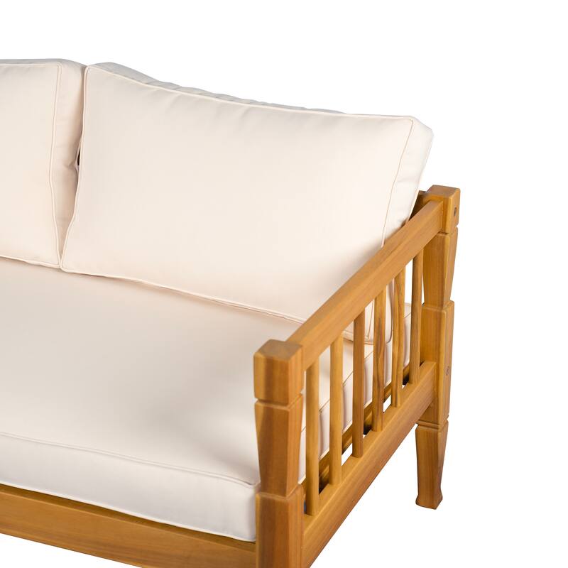 Roomfitters 4-Piece Acacia Wood Patio Furniture Set, Seating Conversation Set with 4-Inch Thick Cushions and Coffee Table