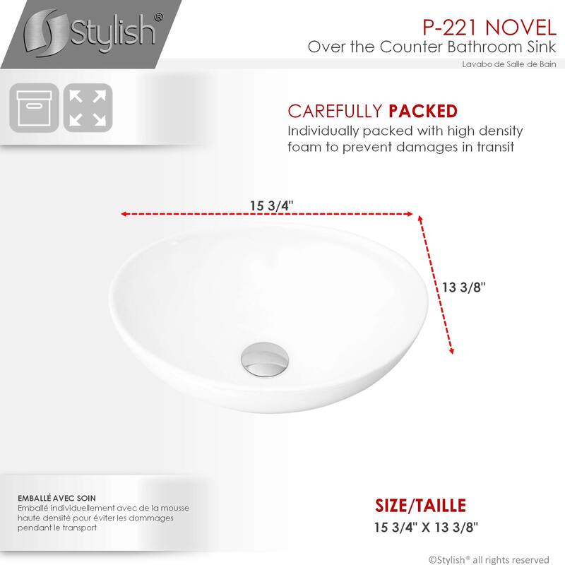 STYLISH Porcelain Oval 15 3/4-inch Top Mounted Ceramic Vessel Bathroom Sink - 15 3/4" x 13 3/8" x 5 3/4"