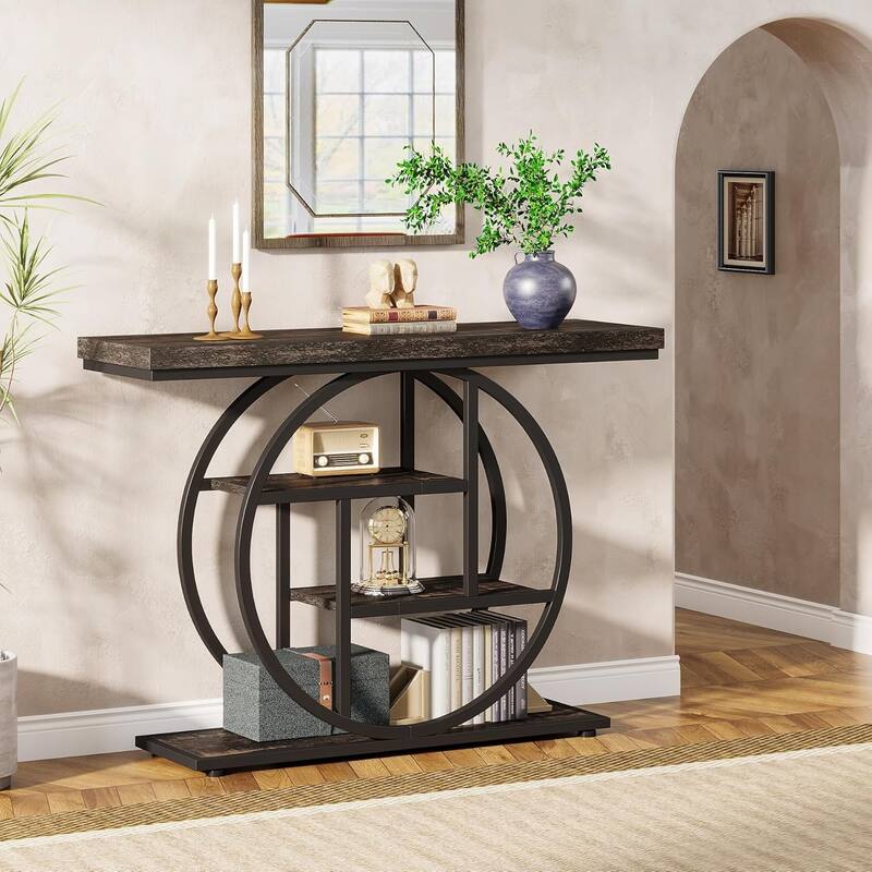 41.3" Console Table, Industrial 4-Tier Entryway Table with Circle Base - 41.3" W x 11.8" D x 31.5" H