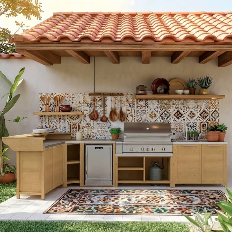 Modular Outdoor Kitchen Cabinet Set 100% Solid Wood Patio BBQ Island with Stainless Steel Countertop