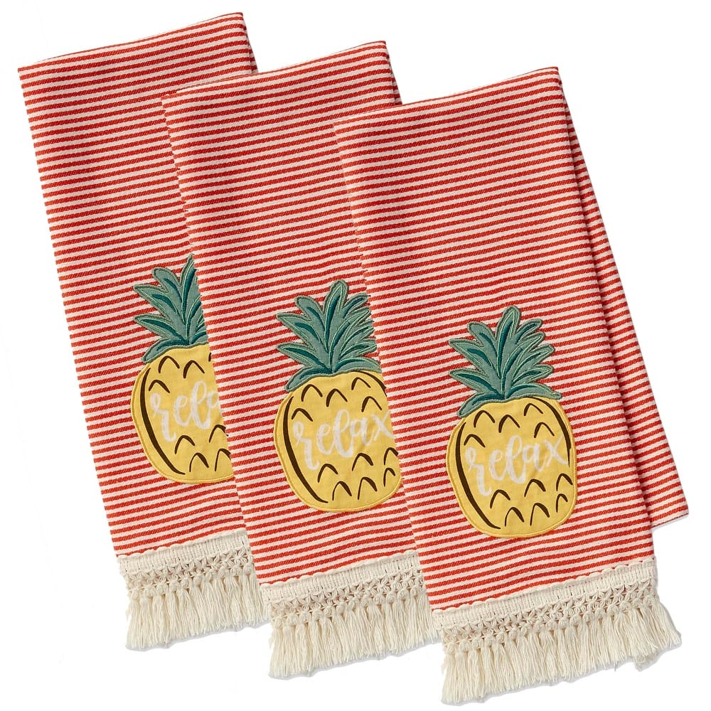 DII Island Tropics Pineapple Embellished Dishtowels Set/3