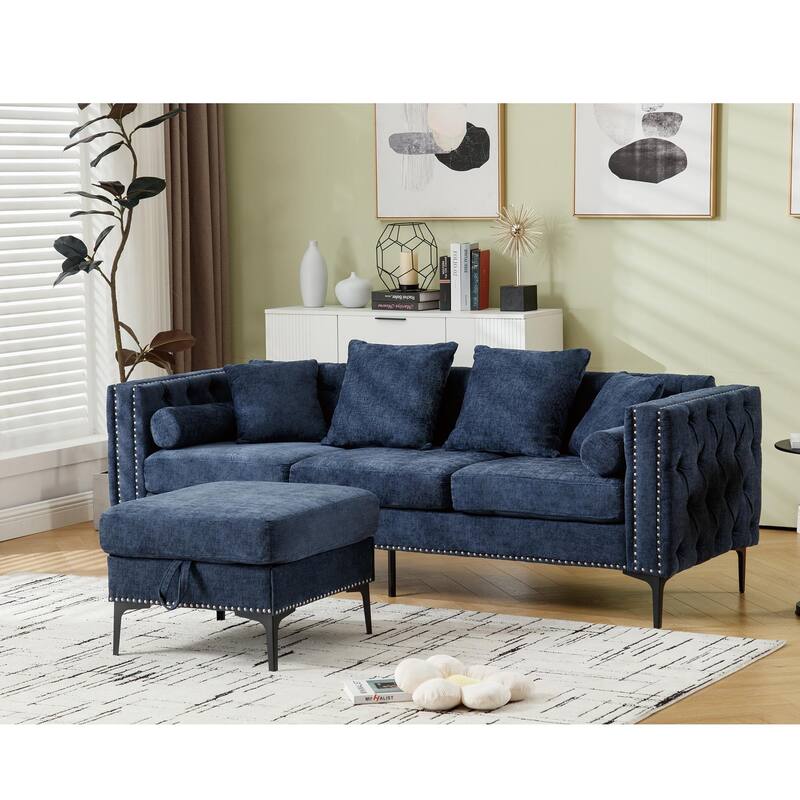 L Shaped Sectional Sofa Convertible Storage Ottoman - Blue