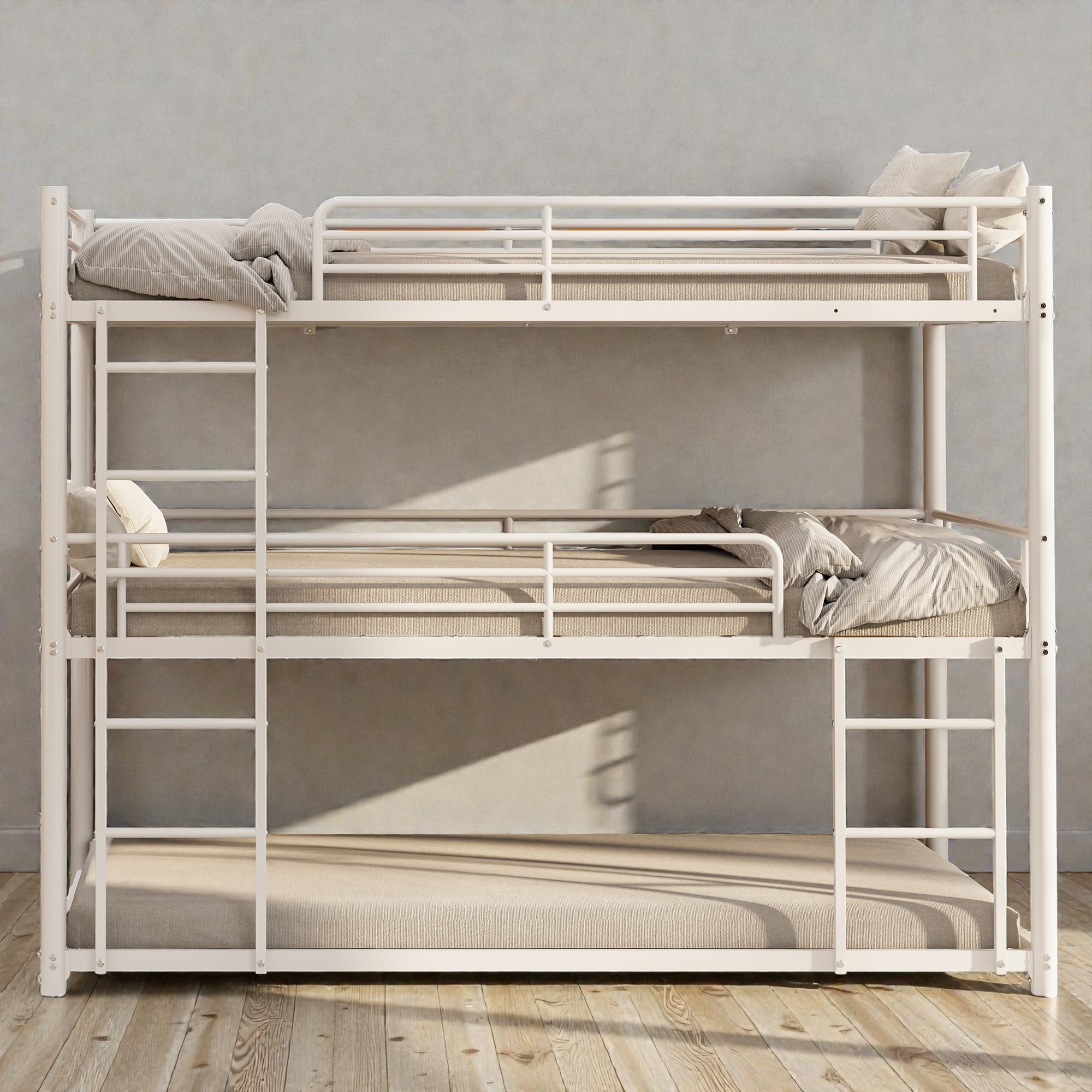 Twin Over Twin Over Twin Metal Triple Bunk Bed with Safety Rails, Non-Slip Ladder, Space Saving Design