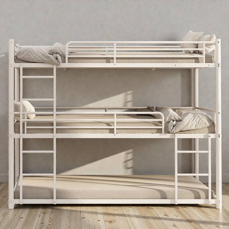 Twin Over Twin Over Twin Metal Triple Bunk Bed with Safety Rails, Non-Slip Ladder, Space Saving Design - White - Twin