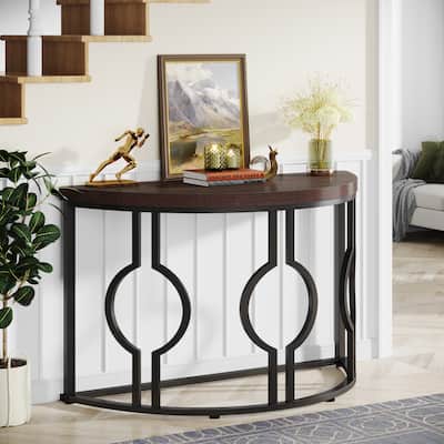 Half Moon Console Table for Entryway, 43 Inch Industrial Semi Circle Sofa Table with Geometric Base, Wood Accent Table