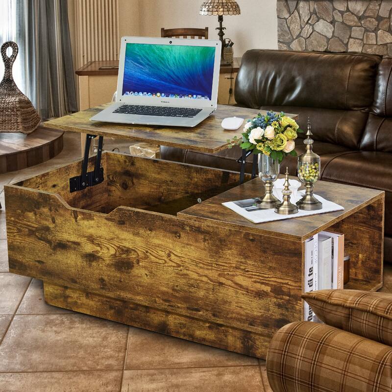 New Adjustable Top Coffee Table in Walnut or Grey, Rectangle Living Room Desk with Storage - Walnut