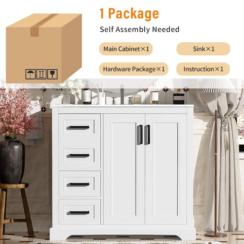 Anmytek 36 Inch Modern Bathroom Vanity with Ceramic Sink Soft Closing Door Adjustable Shelf and 3 Drawers