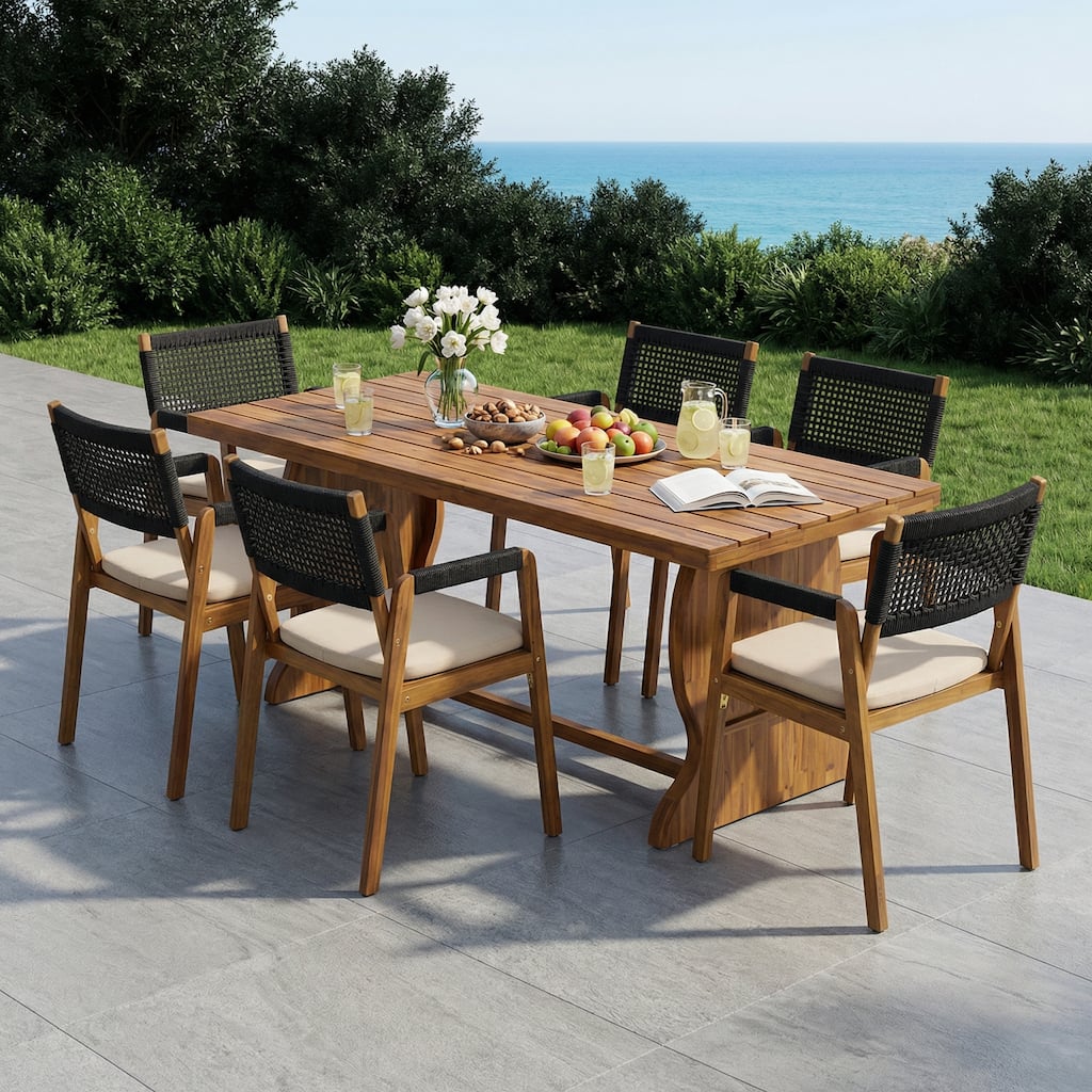 Christopher Knight Home - Arden Rustic 7-Piece Acacia Wood Outdoor Dining Table Set with Rope Woven Dining Chairs and Cushions