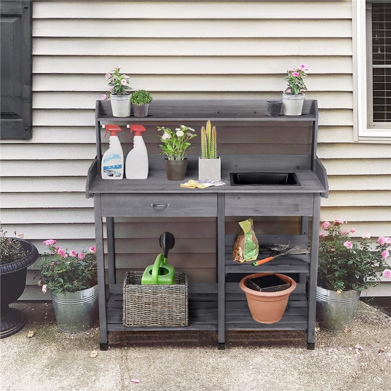 Yaheetech Garden Potting Bench Planting Bench with Sink Drawer Rack - N/A - Grey