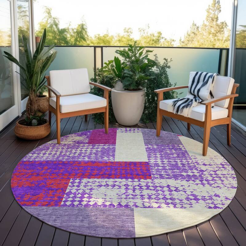 Machine Washable Indoor/ Outdoor Modern Blocks Chantille Rug - Lavender - 8' x 8'