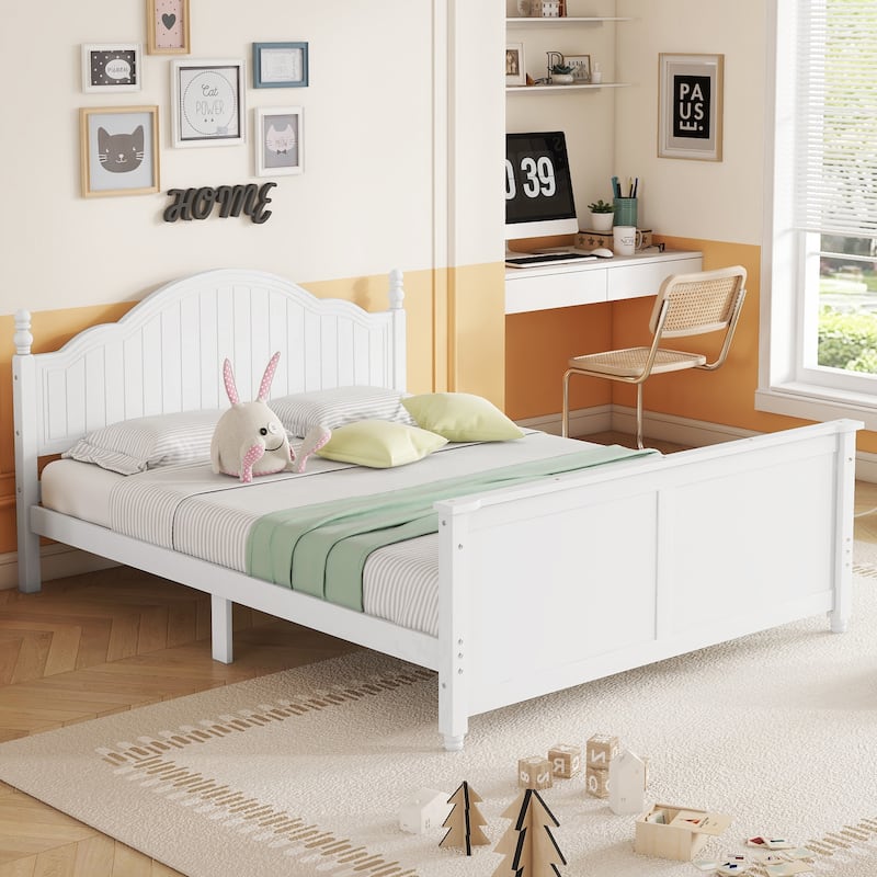 Kids Wooden Platform Bed with Headboard and Footboard, Low Profile Bed Frame with Removable Guardrail Design - White - Full