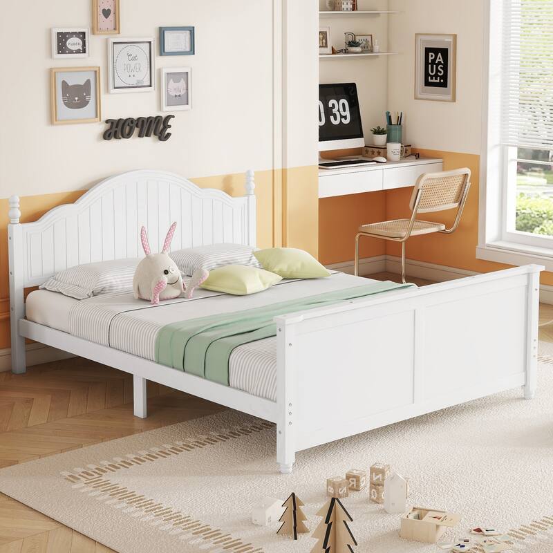 White Wood Full Platform Bed with Headboard and Footboard for Kids, Low Profile Design with Safety Guardrails