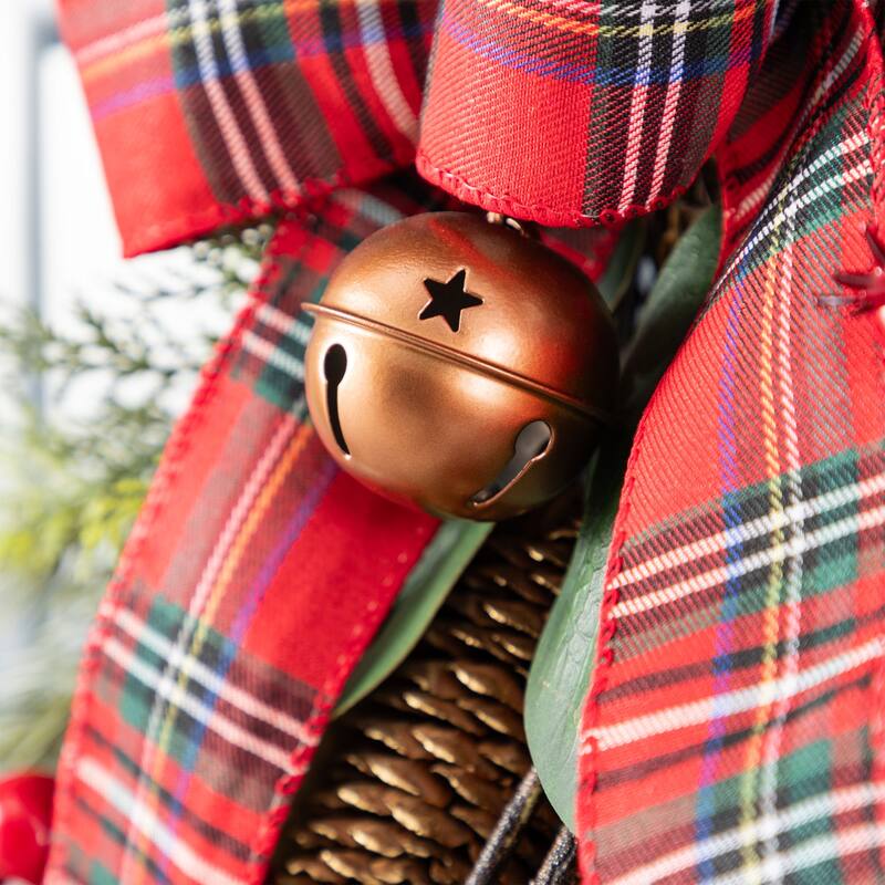Glitzhome Christmas Bell Pinecone & Berry Bow Wreath Teardrop Garland Wall Decor