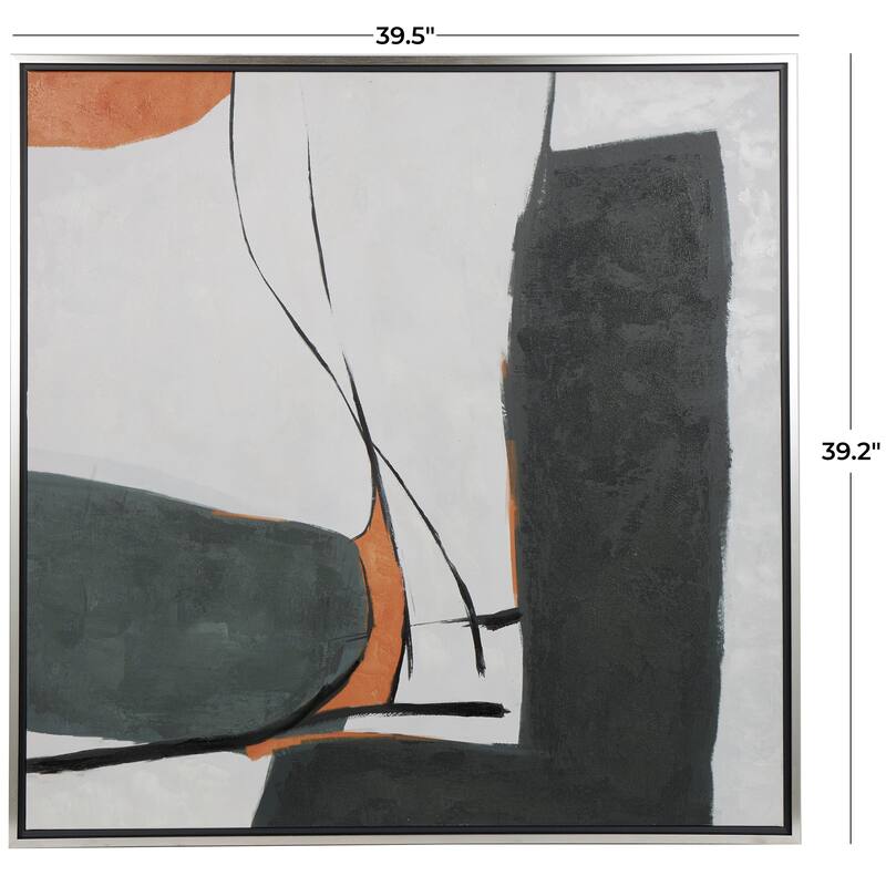 Green Canvas Lines and Shapes Abstract Framed Wall Art with Orange Accents