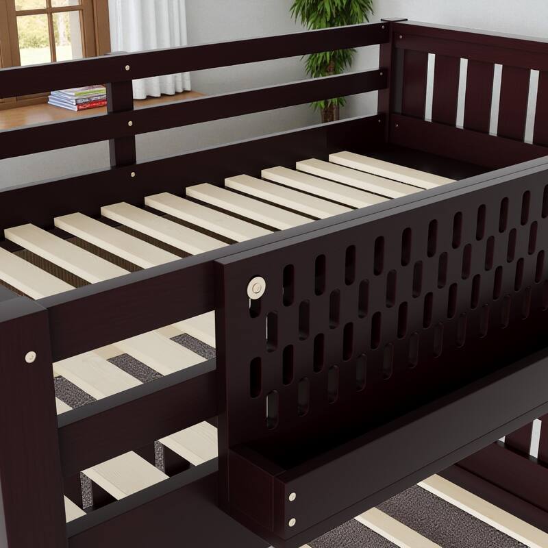 Full XL over Queen / Full over Queen Bunk Bed with Ladder, Guardrails, Pegboard & Built-In Bookshelf, Solid Wood Frame