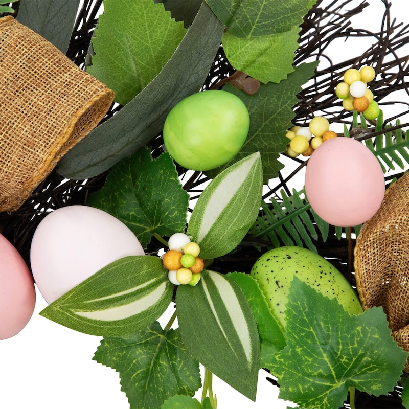 Easter Egg and Burlap Ribbon Mixed Foliage Twig Wreath - 22"