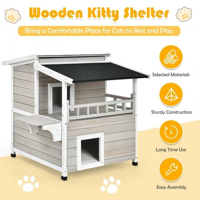 2-Story Wooden Patio Luxurious Cat Shelter House Condo with Large Balcony - 28" x 36" x 33" (L x W x H)