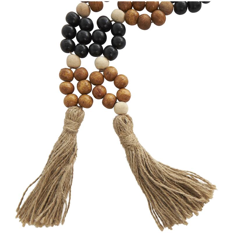 Brown Mango Wood Handmade Round Double Layered Long Carved Beaded Garland with Tassel with Black and Cream Accents