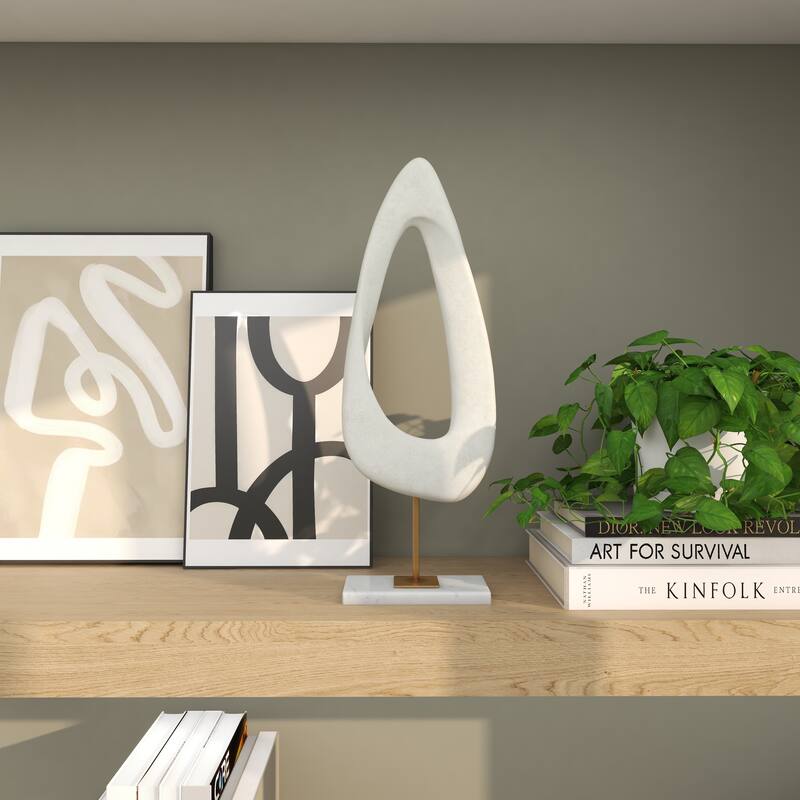 White Polystone Cut-Out Abstract Decorative Sculpture with Marble Stand