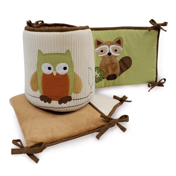 Lambs Ivy Echo Brown Beige Green Woodland Forest Animals Owl Raccoon Bear Fox 4 Piece Baby Crib Bumper
