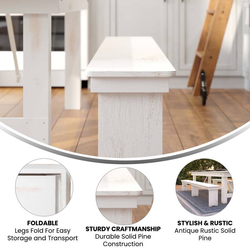 8' x 12" Antique Rustic Solid Pine Folding Farm Bench with 3 Legs