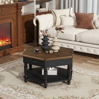 2 Tier Retro Solid Wood Coffee Table with Drawers and Storage Shelf ...