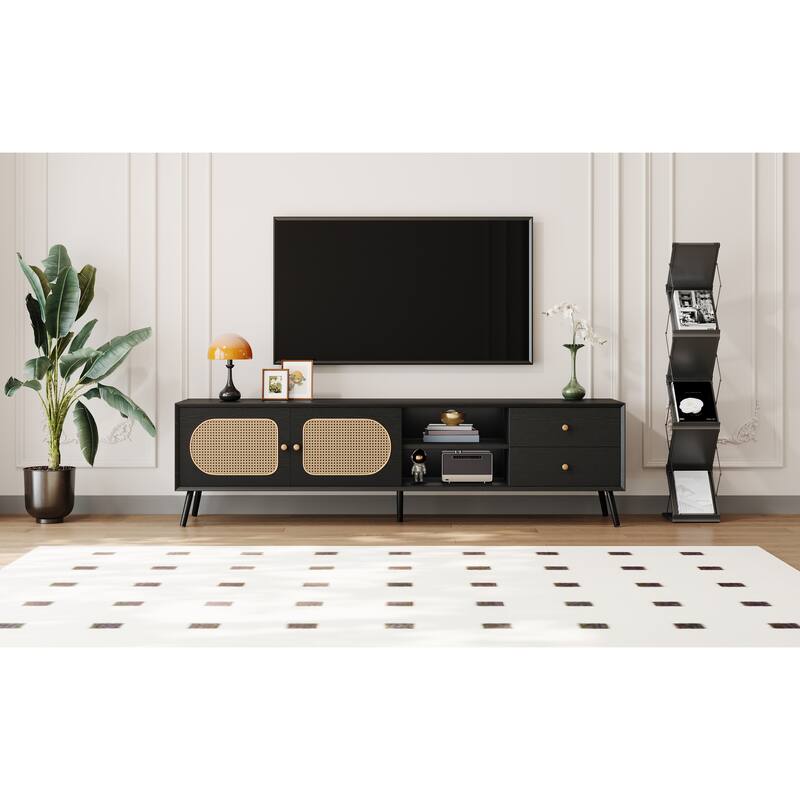 Roomfitters 70 Inch Mid Century Modern TV Stand for 80 Inch TV, Rattan Door Console with 2 Drawers and Open Shelf, Black