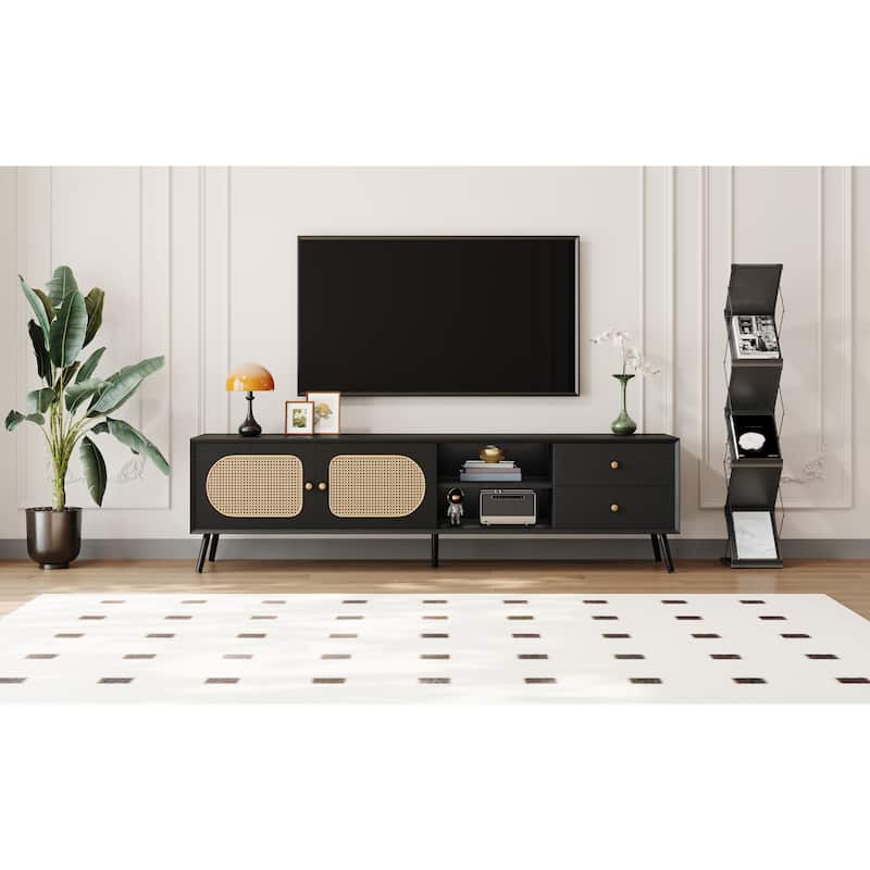 TV Stand Entertainment Center with Rattan Doors,Drawers and Open Shelf