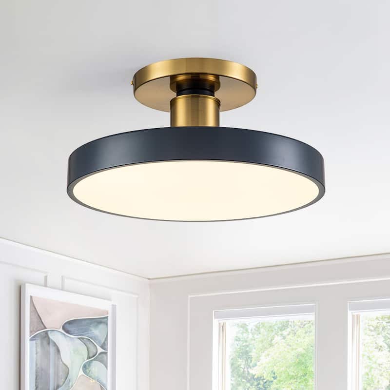 Modern Brass Blue Round LED Semi Flush Ceiling Light 15.7in - Blue