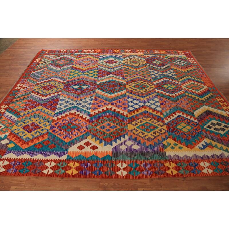 Multicolor Geometric Kilim Oriental Area Rug Hand-Woven Wool Carpet - 8'2" x 9'6"