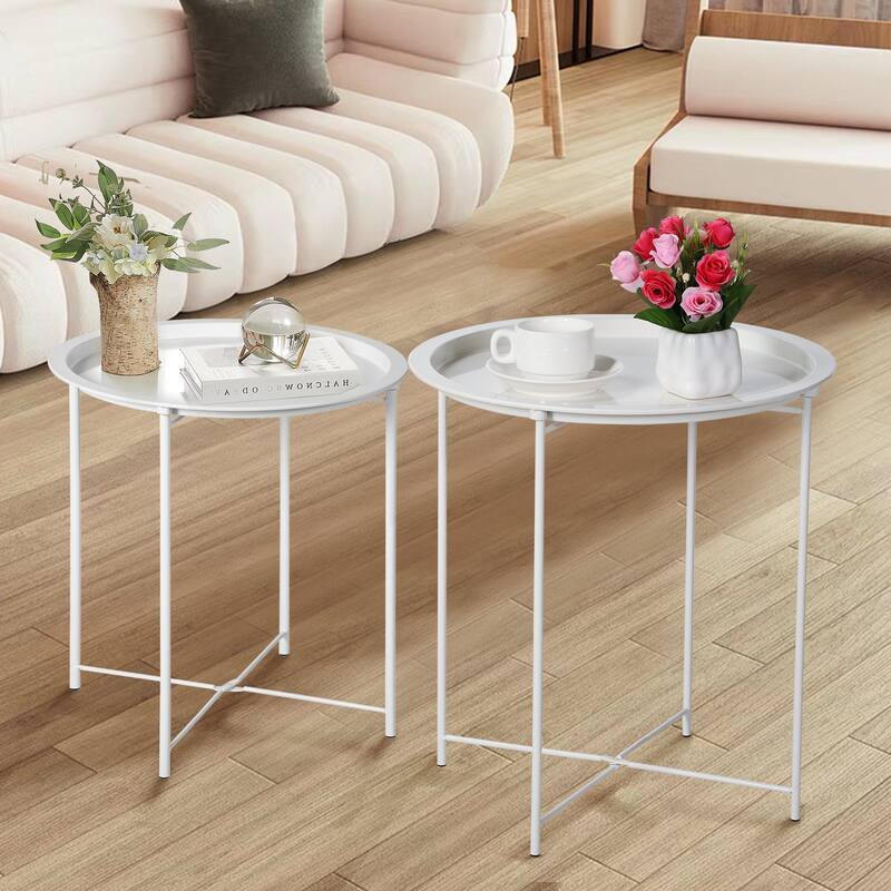 VECELO Side/End Table, Folding Round Metal Anti-Rust and Waterproof Outdoor for Living Room Bedroom,Nightstands - set of 2 - Grey