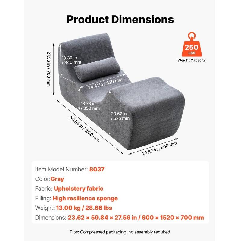 Grey Upholstery Yoga Chaise Lounge with Ergonomic Design and Wide Side Platform - 59.84 x 23.62 × 27.56 in