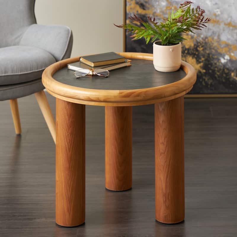 Wood Handmade Round Coffee Table with Black Tabletop - Brown - Roche River Decor