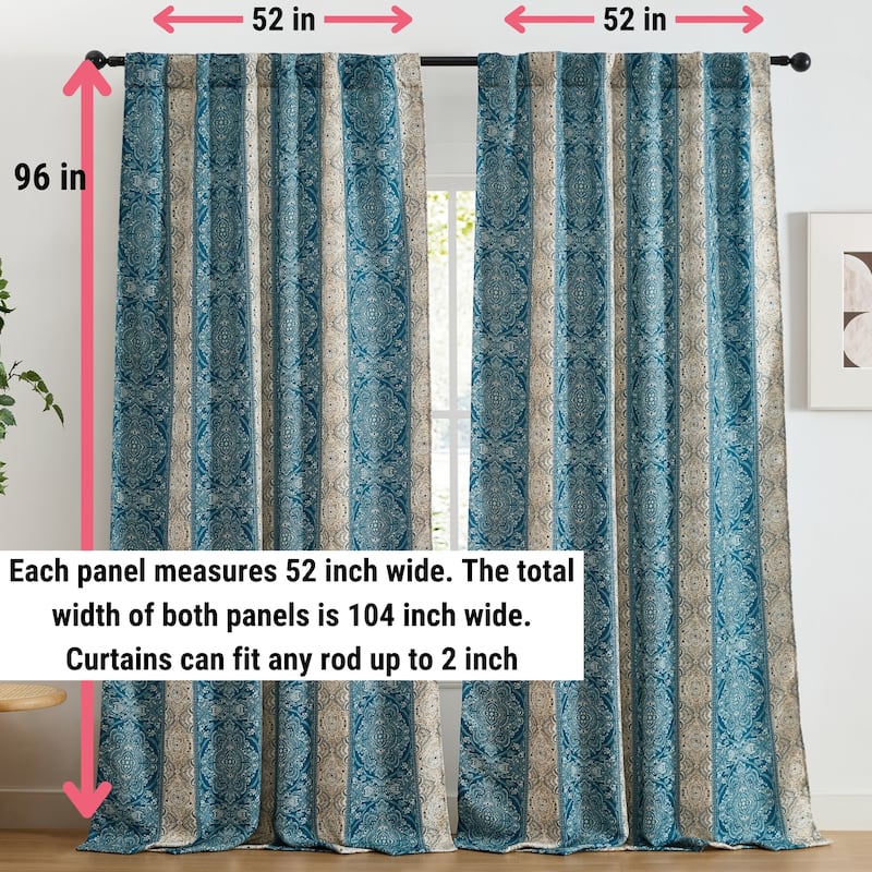 HLC.ME William Boho Damask Striped Window Back Tab Rod Pocket Curtains - Light Blocking Darkening Panels, Set of 2