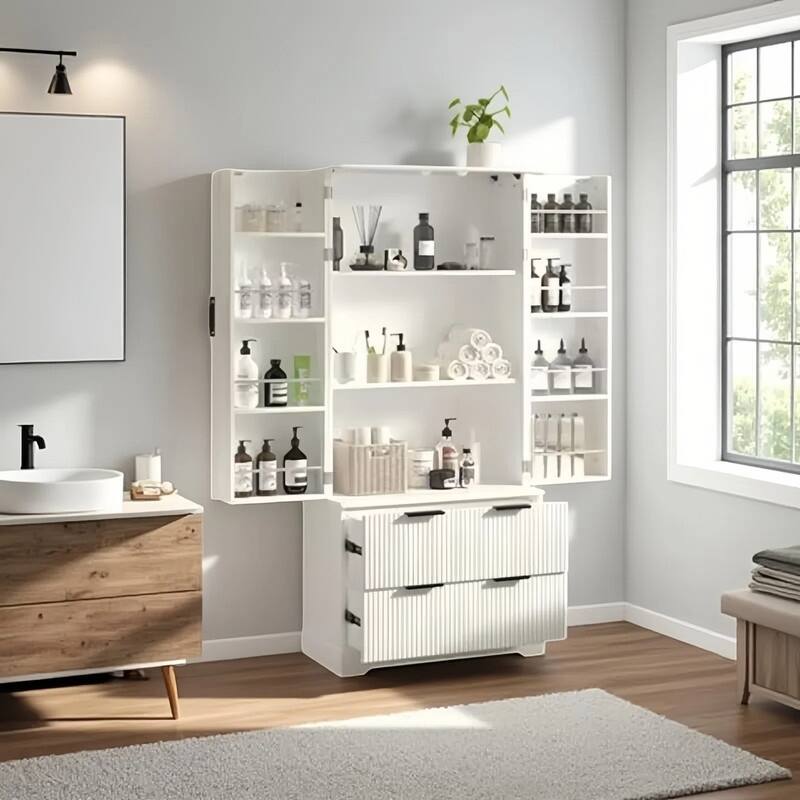 Farmhouse Bathroom Storage Cabinet with 2 Large Drawers, 8-Door storage Rack & 3 Shelves - White