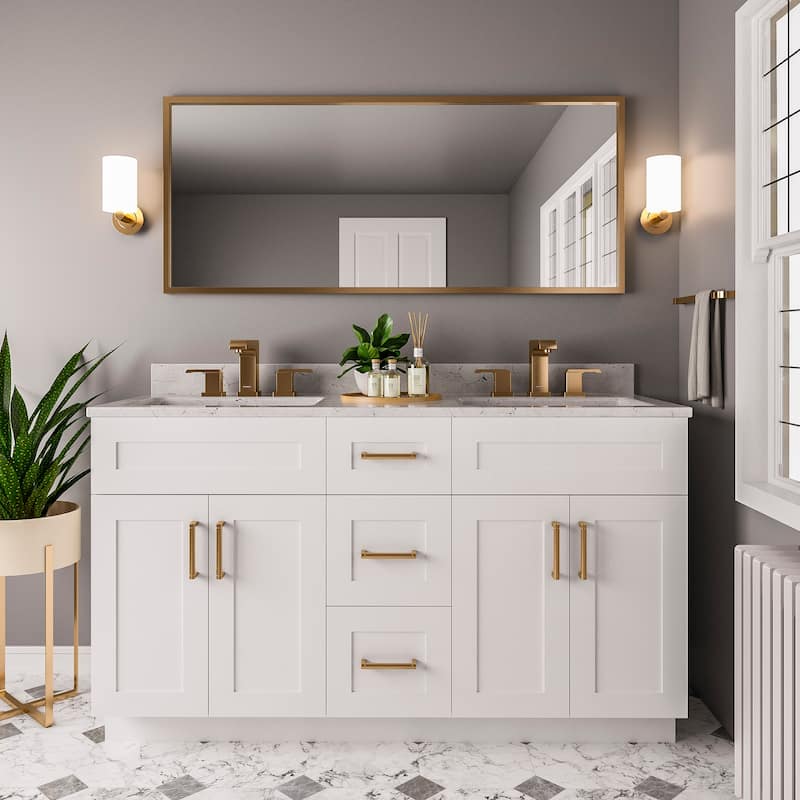 Nelson Cabinetry 60" White Shaker Wood Double Bathroom Vanity with Soft ...