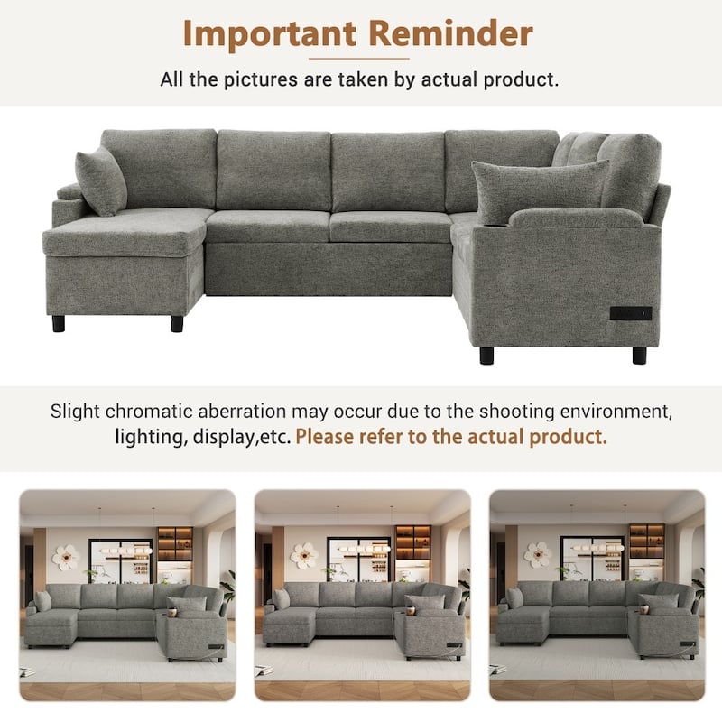 109.9" Modern U-shaped Sleeper Sectional Sofa with Two Cup Holders and Charging Ports