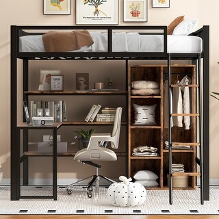 Full Size Metal Loft bed with Built-in Desk, Wardrobeand Shelves, Black