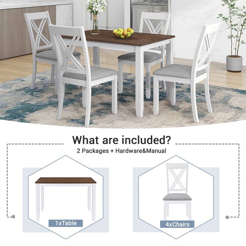 5-Piece Rustic Minimalist Wood Dining Table Set with 4 X-Back Chairs