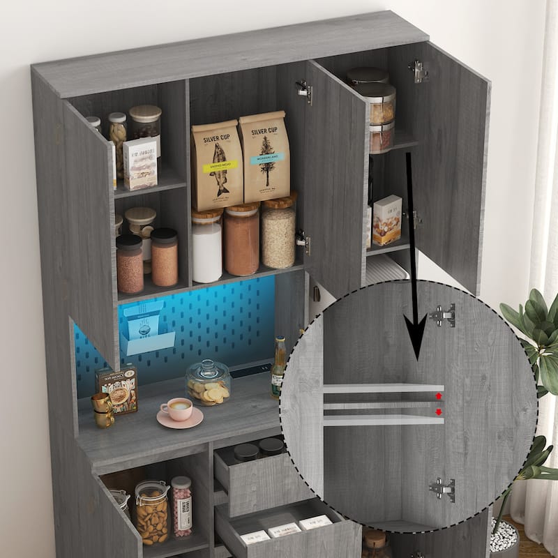 74" Modern Kitchen Pantry Cabinet with Charging Station and LED Lights
