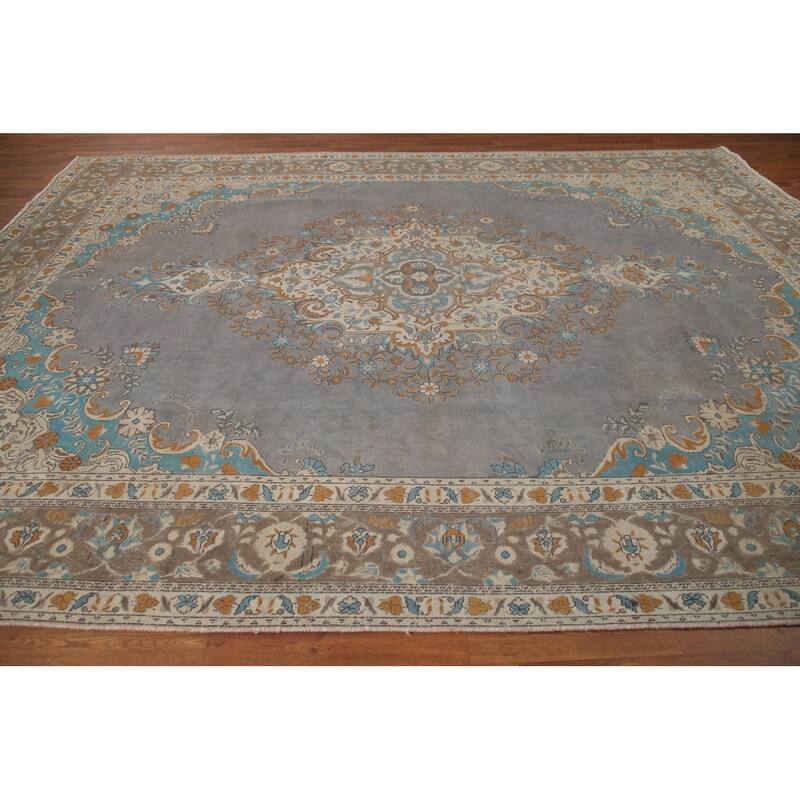 Hand Knotted Oriental 100% Wool Carpet Traditional Medallion Greys & Charcoal Tabriz Area Rug - 12' 8'' X 9' 6''