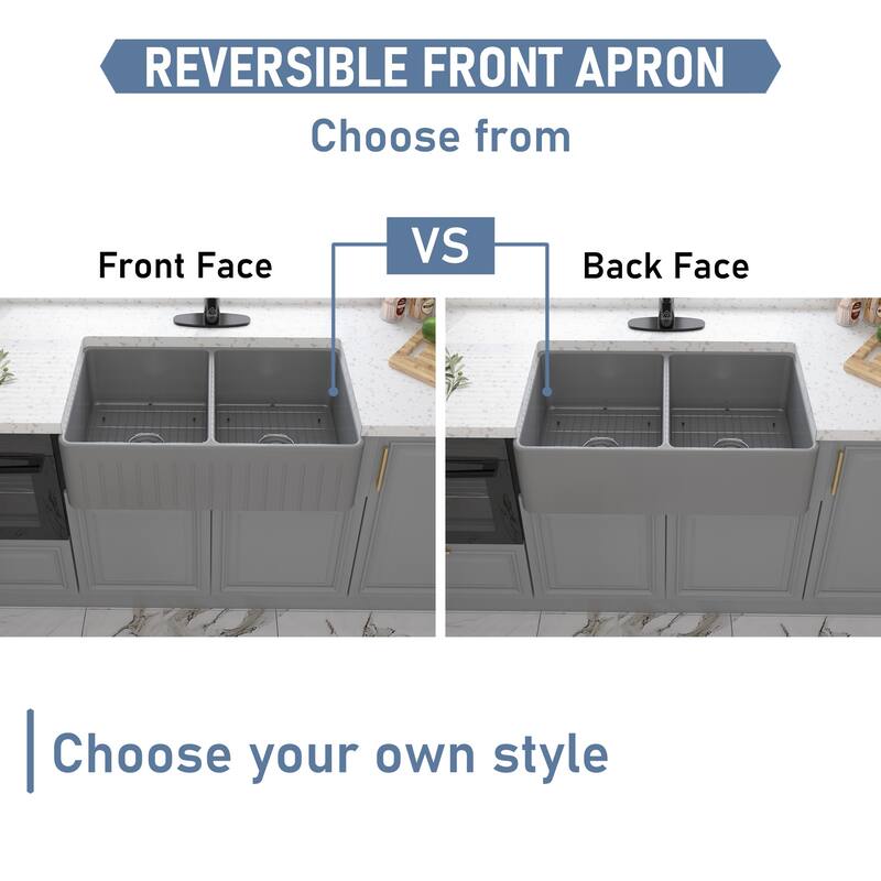 33 in. Farmhouse/Apron-Front Double Bowl Fireclay Kitchen Sink with Striped Design Reversible Installation, Grids and Strainers