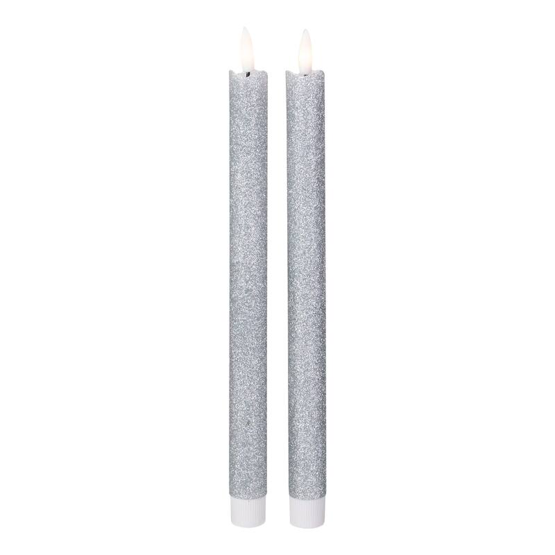 Set 2 Silver Glittered LED Flameless Taper Christmas Candles 11"