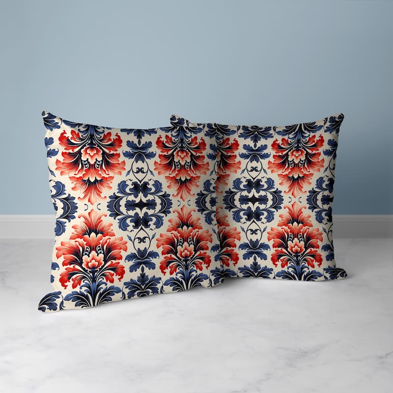 Grey And Red Damask Rapture Indoor/Outdoor Throw Pillow Zipper