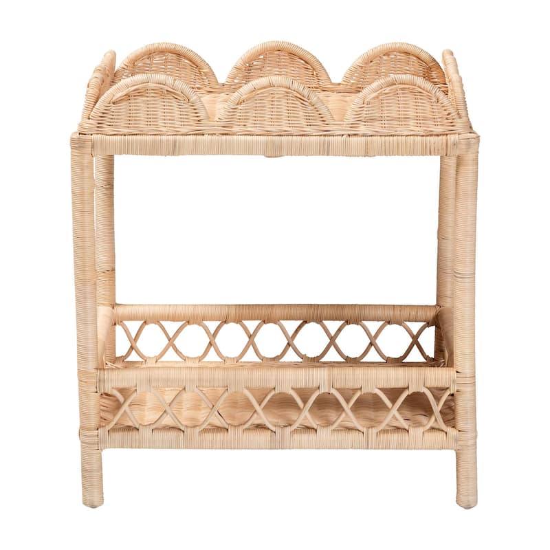 Eloisa Natural Rattan End Table - Handwoven Wicker 2-Tier Side Table with Scalloped Border for Living Room or Bedroom