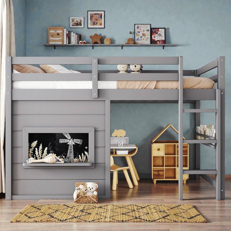Twin/Full Loft Bed with Sliding Chalkboard, Built-in Bookshelf, Solid Wood Frame & Safety Guardrails, Kids Playhouse Bed - Grey - Twin
