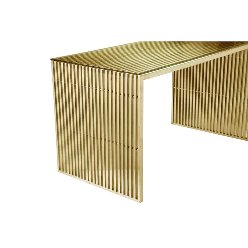 Meza 59 Inch Office Desk, Tempered Glass, Waterfall Design, Gold Steel