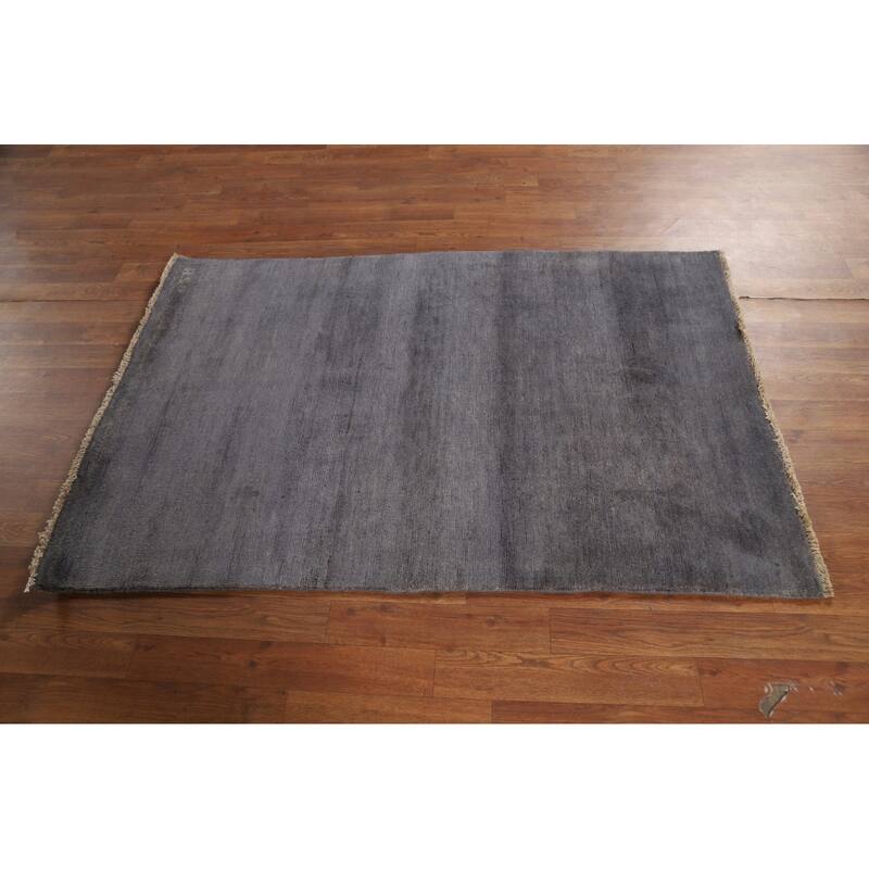 Modern Gabbeh Oriental Foyer Rug Hand-Knotted Grey Wool Carpet - 3'3" x 4'11"